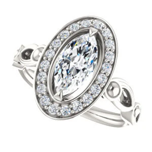 Cubic Zirconia Engagement Ring- The Deb (Customizable Marquise Cut Design with Large Halo, Fleur-de-lis Trellis and Bubbled Infinity Band) - Image 6