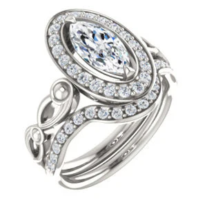 Cubic Zirconia Engagement Ring- The Deb (Customizable Marquise Cut Design with Large Halo, Fleur-de-lis Trellis and Bubbled Infinity Band) - Image 7