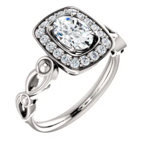 Cubic Zirconia Engagement Ring- The Deb (Customizable Oval Cut Design with Large Halo, Fleur-de-lis Trellis and Bubbled Infinity Band) - Image 2