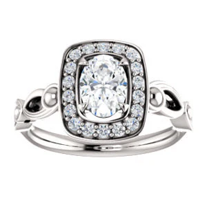 Cubic Zirconia Engagement Ring- The Deb (Customizable Oval Cut Design with Large Halo, Fleur-de-lis Trellis and Bubbled Infinity Band) - Image 4