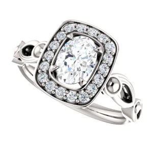 Cubic Zirconia Engagement Ring- The Deb (Customizable Oval Cut Design with Large Halo, Fleur-de-lis Trellis and Bubbled Infinity Band) - Image 6