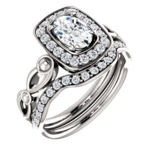 Cubic Zirconia Engagement Ring- The Deb (Customizable Oval Cut Design with Large Halo, Fleur-de-lis Trellis and Bubbled Infinity Band) - Image 7