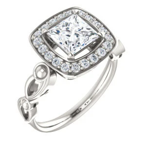Cubic Zirconia Engagement Ring- The Deb (Customizable Princess Cut Design with Large Halo, Fleur-de-lis Trellis and Bubbled Infinity Band) - Image 2
