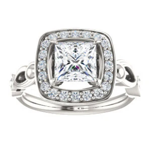 Cubic Zirconia Engagement Ring- The Deb (Customizable Princess Cut Design with Large Halo, Fleur-de-lis Trellis and Bubbled Infinity Band) - Image 4