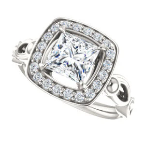 Cubic Zirconia Engagement Ring- The Deb (Customizable Princess Cut Design with Large Halo, Fleur-de-lis Trellis and Bubbled Infinity Band) - Image 6