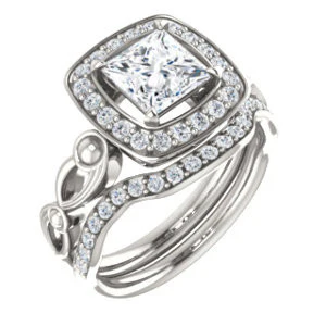 Cubic Zirconia Engagement Ring- The Deb (Customizable Princess Cut Design with Large Halo, Fleur-de-lis Trellis and Bubbled Infinity Band) - Image 7
