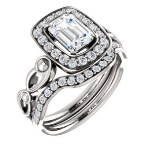 Cubic Zirconia Engagement Ring- The Deb (Customizable Radiant Cut Design with Large Halo, Fleur-de-lis Trellis and Bubbled Infinity Band) - Image 7