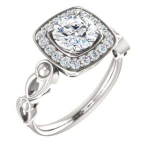 Cubic Zirconia Engagement Ring- The Deb (Customizable Round Cut Design with Large Halo, Fleur-de-lis Trellis and Bubbled Infinity Band) - Image 2