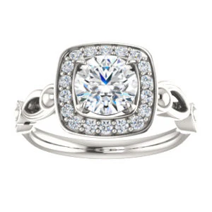 Cubic Zirconia Engagement Ring- The Deb (Customizable Round Cut Design with Large Halo, Fleur-de-lis Trellis and Bubbled Infinity Band) - Image 4