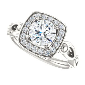 Cubic Zirconia Engagement Ring- The Deb (Customizable Round Cut Design with Large Halo, Fleur-de-lis Trellis and Bubbled Infinity Band) - Image 6