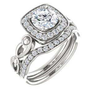 Cubic Zirconia Engagement Ring- The Deb (Customizable Round Cut Design with Large Halo, Fleur-de-lis Trellis and Bubbled Infinity Band) - Image 7