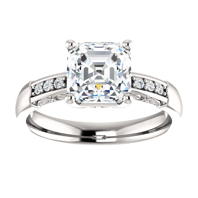 Cubic Zirconia Engagement Ring- The Gabrielle (Customizable Center featuring Round Side Stones and Filigree) - Image 11