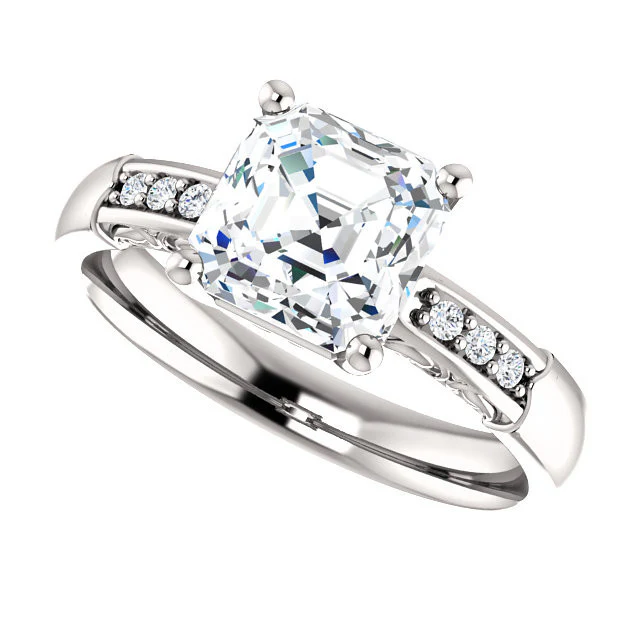 Cubic Zirconia Engagement Ring- The Gabrielle (Customizable Center featuring Round Side Stones and Filigree) - Image 12
