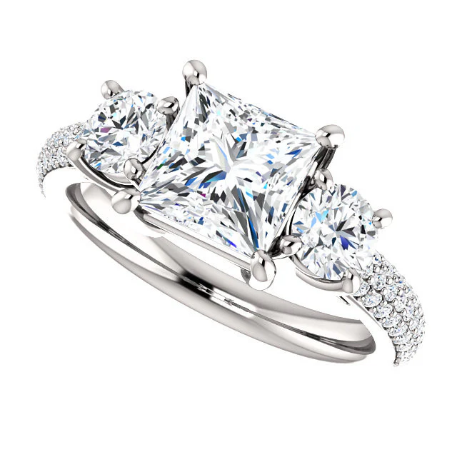 Cubic Zirconia Engagement Ring- The Nicole (Customizable Three-Stone with Round Prong and Pave Accents) - Image 7