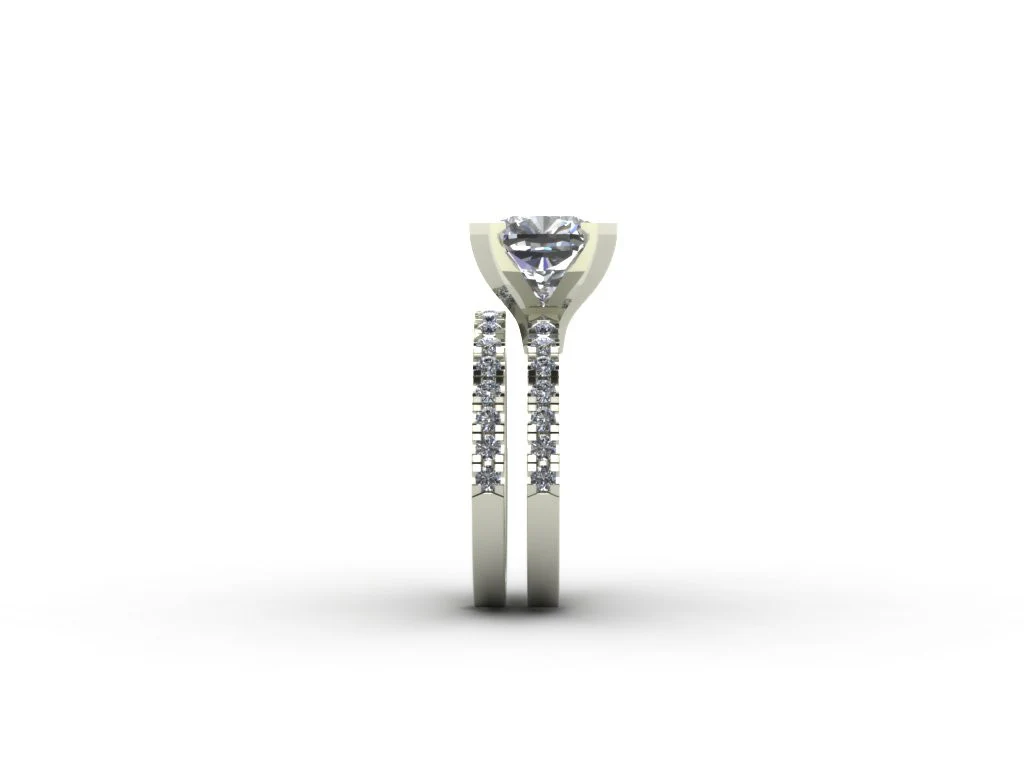 CZ Wedding Set, Style 1356 feat The Tien Engagement Ring (2 CT Cushion Cut with Pave Band) - Image 3