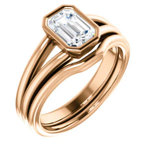CZ Wedding Set, featuring The Bernadine engagement ring (Customizable Bezel-set Emerald Cut with V-Split Band) - Image 2