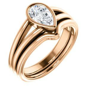 CZ Wedding Set, featuring The Bernadine engagement ring (Customizable Bezel-set Pear Cut with V-Split Band) - Image 2