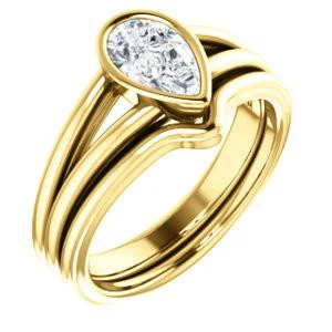 CZ Wedding Set, featuring The Bernadine engagement ring (Customizable Bezel-set Pear Cut with V-Split Band) - Image 4