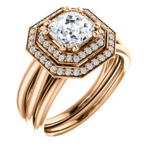 CZ Wedding Set, featuring The Brielle engagement ring (Customizable Asscher Cut Cathedral Double-Halo with Curved Split-Band) - Image 2