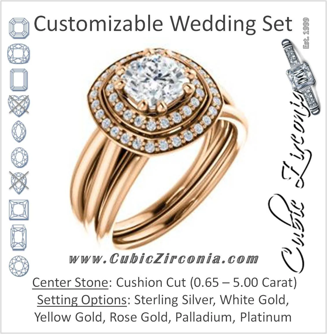 CZ Wedding Set, featuring The Brielle engagement ring (Customizable Cushion Cut Cathedral Double-Halo with Curved Split-Band)