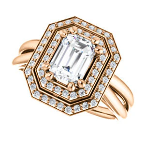 CZ Wedding Set, featuring The Brielle engagement ring (Customizable Emerald Cut Cathedral Double-Halo with Curved Split-Band) - Image 13