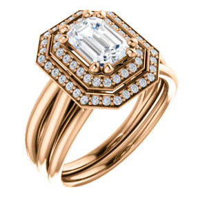 CZ Wedding Set, featuring The Brielle engagement ring (Customizable Emerald Cut Cathedral Double-Halo with Curved Split-Band) - Image 2