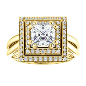 CZ Wedding Set, featuring The Brielle engagement ring (Customizable Princess Cut Cathedral Double-Halo with Curved Split-Band) - Image 7
