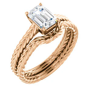CZ Wedding Set, featuring The Florence engagement ring (Customizable Cathedral-set Emerald Cut Solitaire with Vintage Braided Metal Band) - Image 2