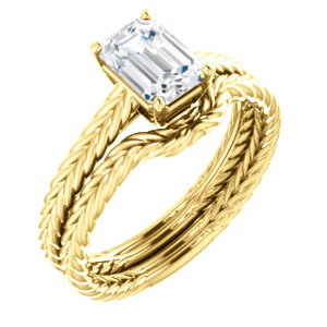CZ Wedding Set, featuring The Florence engagement ring (Customizable Cathedral-set Emerald Cut Solitaire with Vintage Braided Metal Band) - Image 4