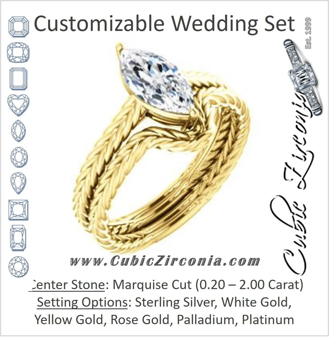 CZ Wedding Set, featuring The Florence engagement ring (Customizable Cathedral-set Marquise Cut Solitaire with Vintage Braided Metal Band)