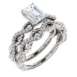 CZ Wedding Set, featuring The Janneth engagement ring (Customizable Emerald Cut Design with Twisting Rope-Pavé Split Band) - Image 4