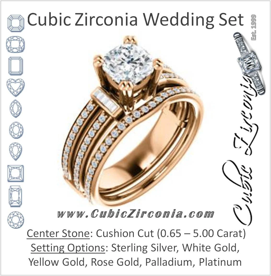 CZ Wedding Set, featuring The Kaitlyn engagement ring (Customizable Cushion Cut with Flanking Baguettes And Round Channel Accents)