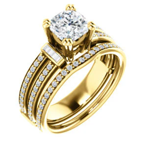 CZ Wedding Set, featuring The Kaitlyn engagement ring (Customizable Cushion Cut with Flanking Baguettes And Round Channel Accents) - Image 2