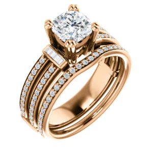CZ Wedding Set, featuring The Kaitlyn engagement ring (Customizable Cushion Cut with Flanking Baguettes And Round Channel Accents) - Image 4