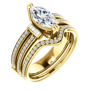 CZ Wedding Set, featuring The Kaitlyn engagement ring (Customizable Marquise Cut with Flanking Baguettes And Round Channel Accents) - Image 4