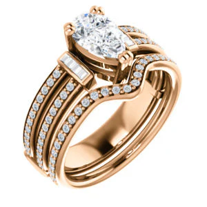 CZ Wedding Set, featuring The Kaitlyn engagement ring (Customizable Pear Cut with Flanking Baguettes And Round Channel Accents) - Image 2