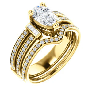 CZ Wedding Set, featuring The Kaitlyn engagement ring (Customizable Pear Cut with Flanking Baguettes And Round Channel Accents) - Image 4