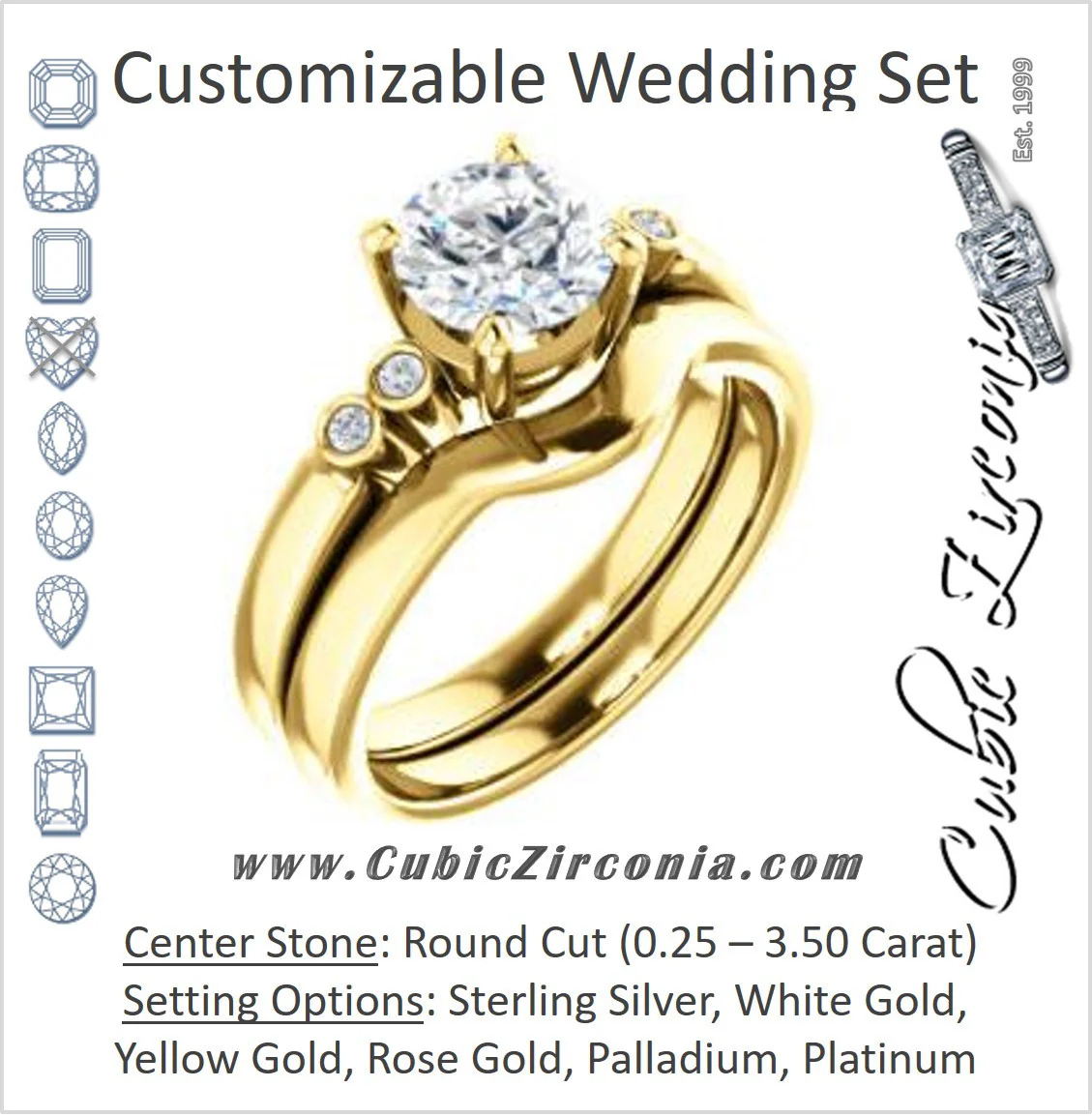CZ Wedding Set, featuring The Luzella engagement ring (Customizable 5-stone Design with Round Cut Center and Round Bezel Accents)