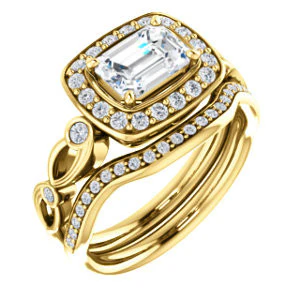 CZ Wedding Set, featuring The Madison engagement ring (Customizable Emerald Cut Design with Halo and Bezel-Accented Infinity-inspired Split Band) - Image 4