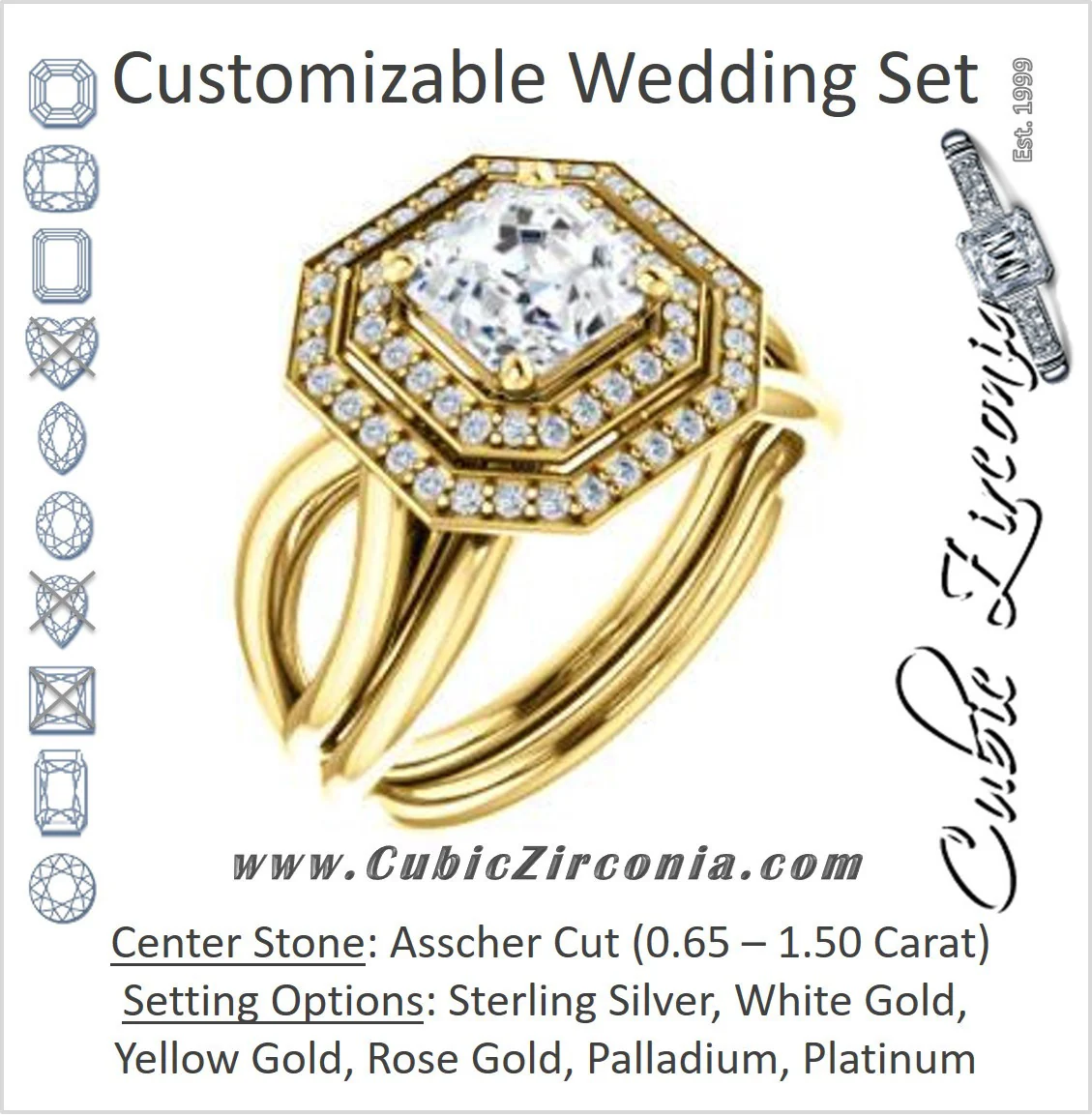 CZ Wedding Set, featuring The Magda Lesli engagement ring (Customizable Double-Halo Style Asscher Cut with Curving Split Band)
