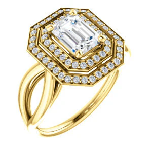 CZ Wedding Set, featuring The Magda Lesli engagement ring (Customizable Double-Halo Style Emerald Cut with Curving Split Band) - Image 6