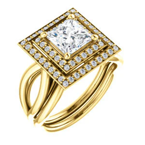 CZ Wedding Set, featuring The Magda Lesli engagement ring (Customizable Double-Halo Style Princess Cut with Curving Split Band) - Image 2