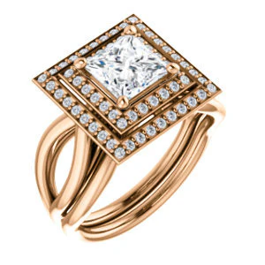 CZ Wedding Set, featuring The Magda Lesli engagement ring (Customizable Double-Halo Style Princess Cut with Curving Split Band) - Image 4