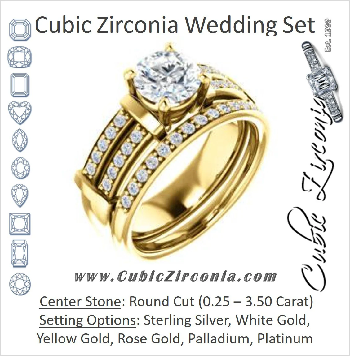 CZ Wedding Set, featuring The Rachana engagement ring (Customizable Round Cut Design with Wide Split-Pavé Band and Euro Shank)