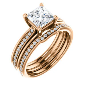 CZ Wedding Set, featuring The Rikki engagement ring (Customizable Princess Cut Design with Double-Grooved Pavé Band) - Image 2