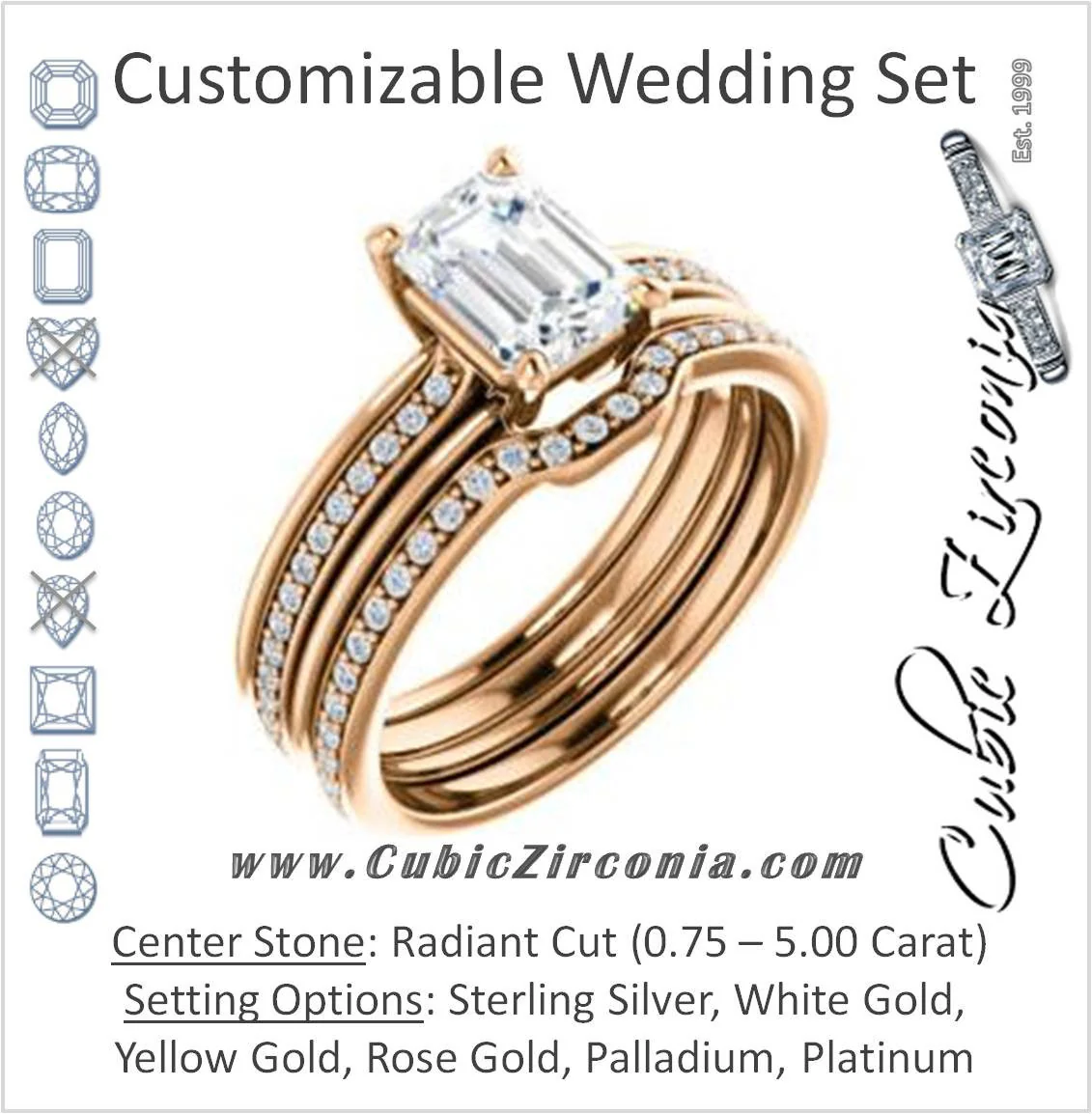 CZ Wedding Set, featuring The Rikki engagement ring (Customizable Radiant Cut Design with Double-Grooved Pavé Band)
