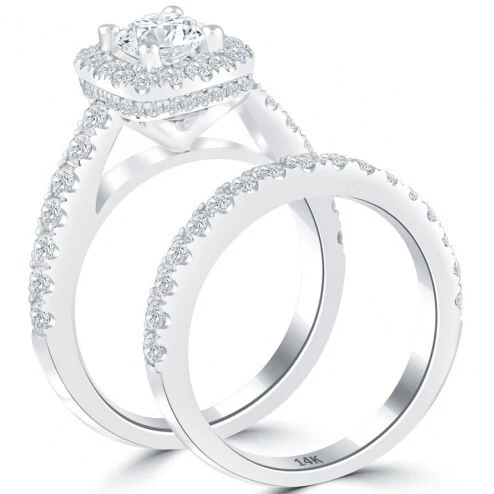 CZ Wedding Set, Round Cut Double Halo with Round Prong Band - Image 3