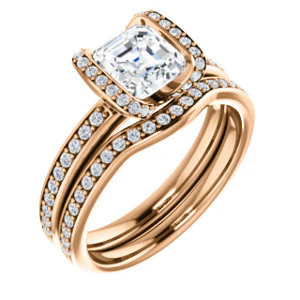 CZ Wedding Set, featuring The Victoria engagement ring (Customizable Bezel-set Asscher Cut Semi-Halo Design with Prong Accents) - Image 2