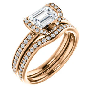 CZ Wedding Set, featuring The Victoria engagement ring (Customizable Bezel-set Emerald Cut Semi-Halo Design with Prong Accents) - Image 2