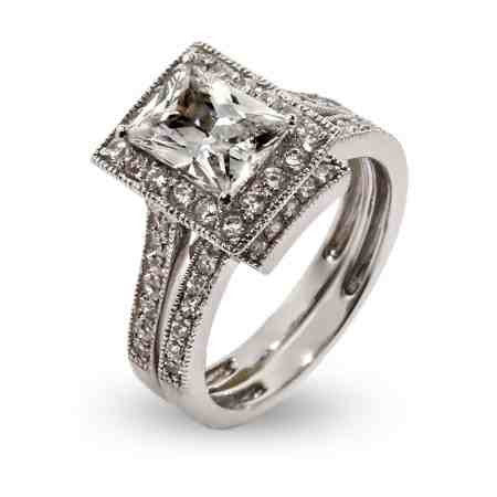 CZ Wedding Set, Style 12-88 feat The Mya Engagement Ring (3.25 TCW Emerald Cut Halo with Vintage Filigree Channel Setting) - Image 2
